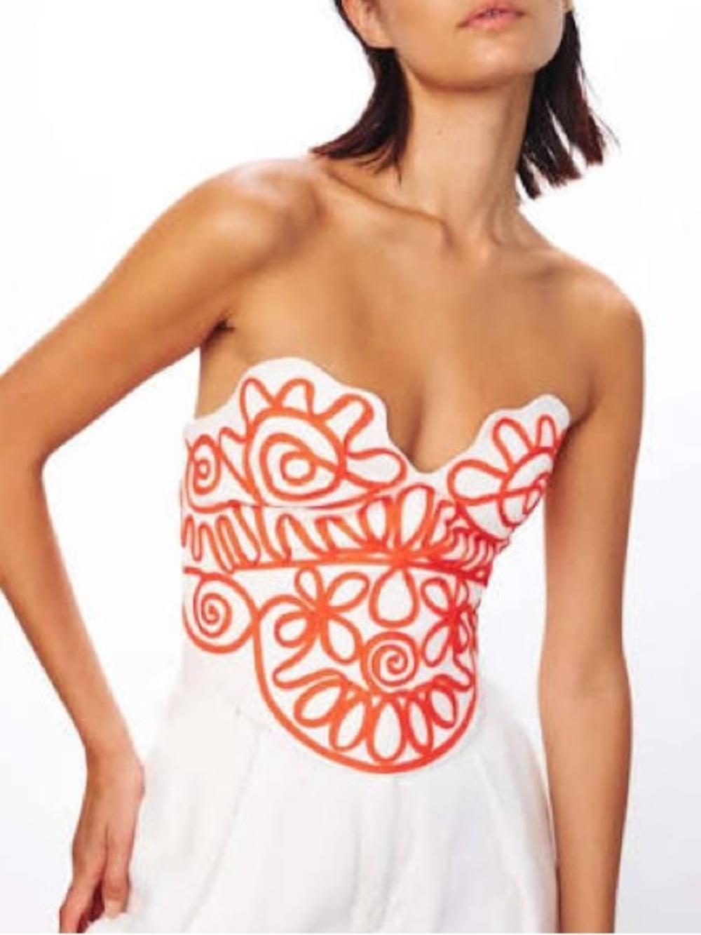 Mara Hoffman White Strapless Dress with Orange Floral Appliqué
